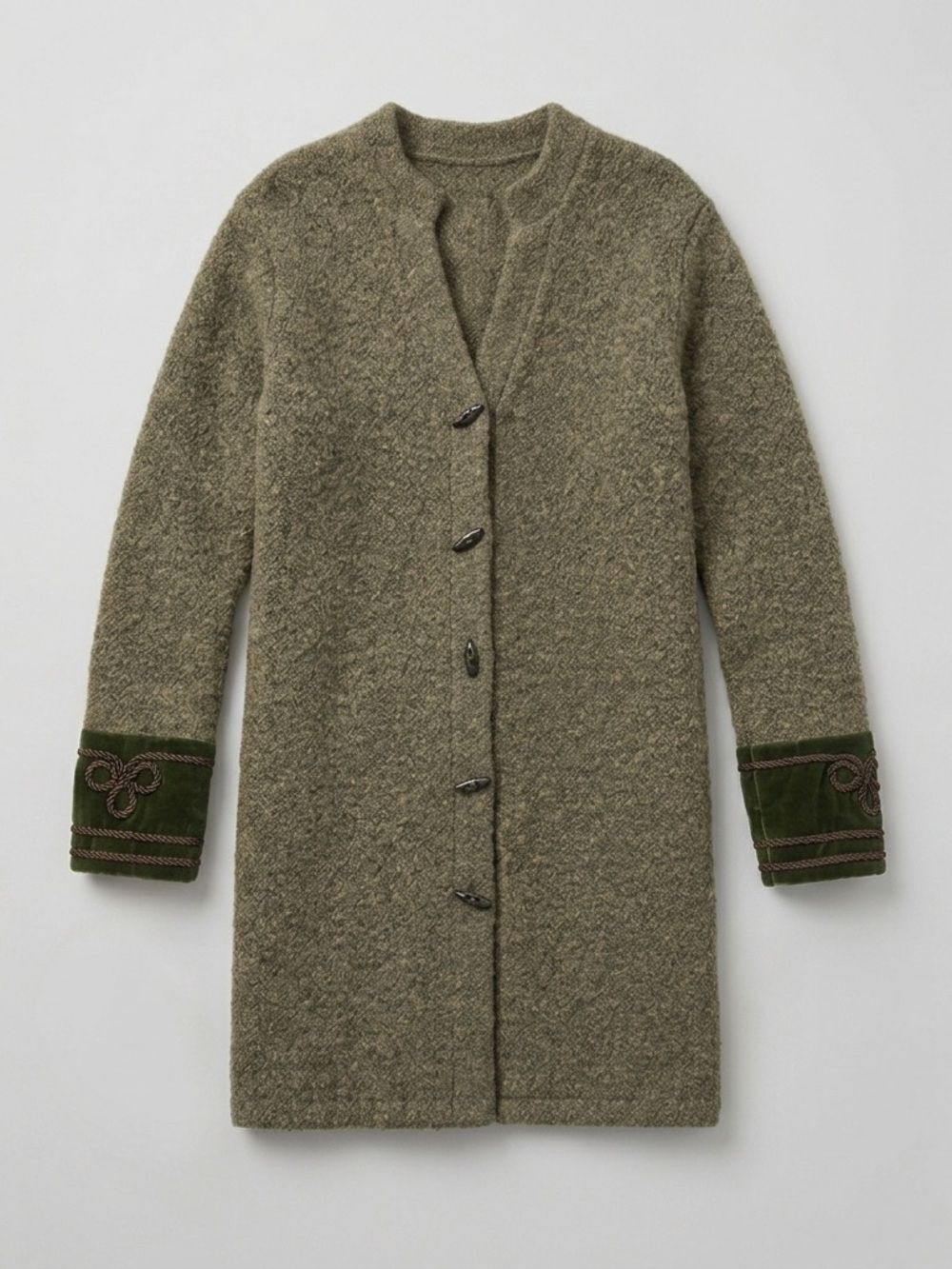 Longline Cardigan Sweater Green Velvet Statement Cuffs Cottagecore Womens Medium